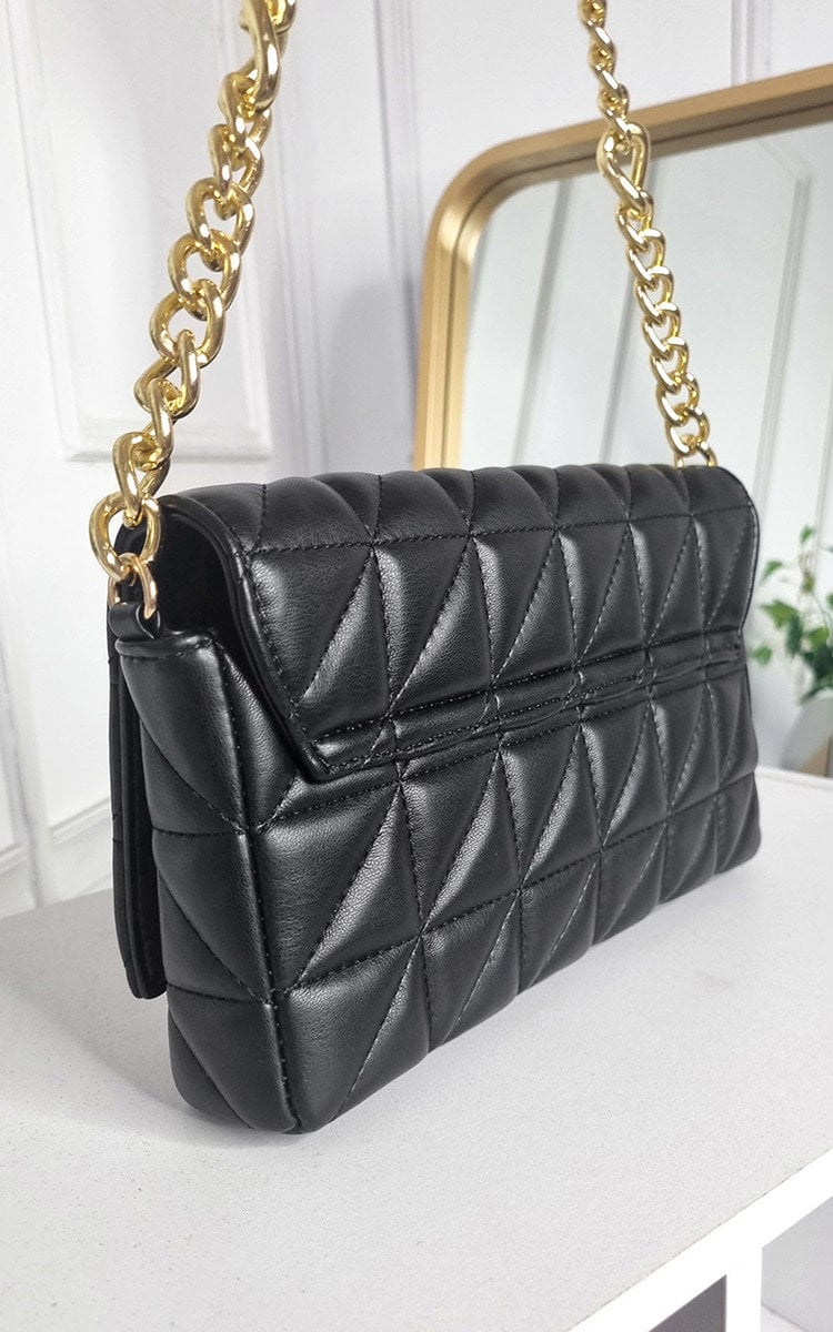 Faux Leather Padded Handbag with Chain Detail