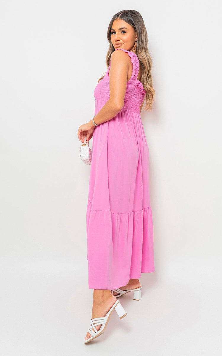 Wide Ruffle Strap Smocked Midi Dress