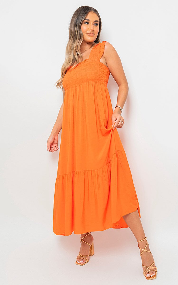 Wide Ruffle Strap Smocked Midi Dress