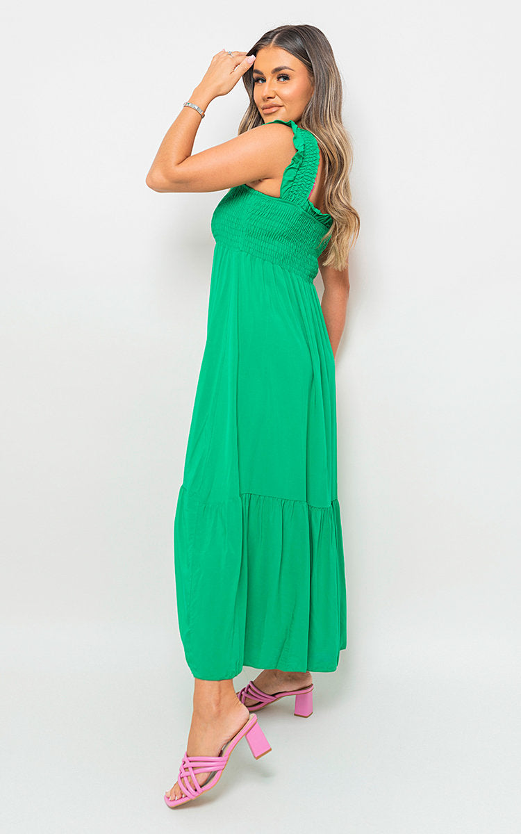 Wide Ruffle Strap Smocked Midi Dress