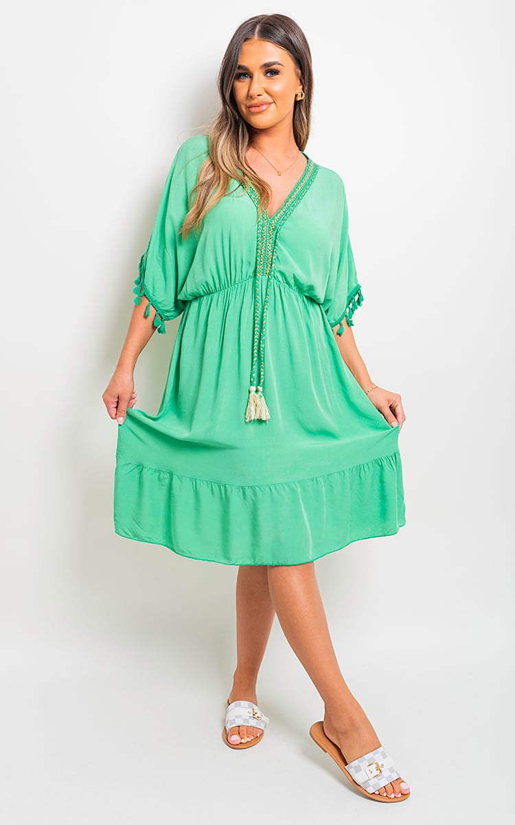 V-Neck Short Sleeve Midi Dress with Tassel Detail