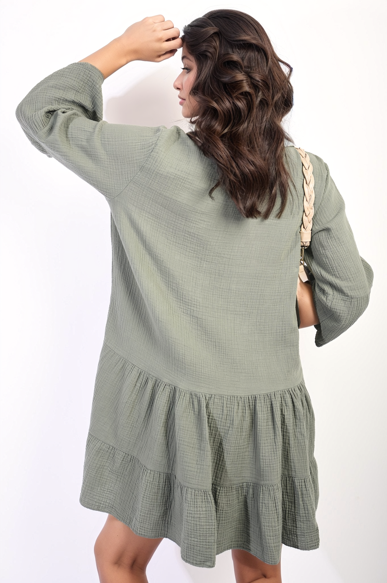 Button Front Tiered Smock Mini Dress