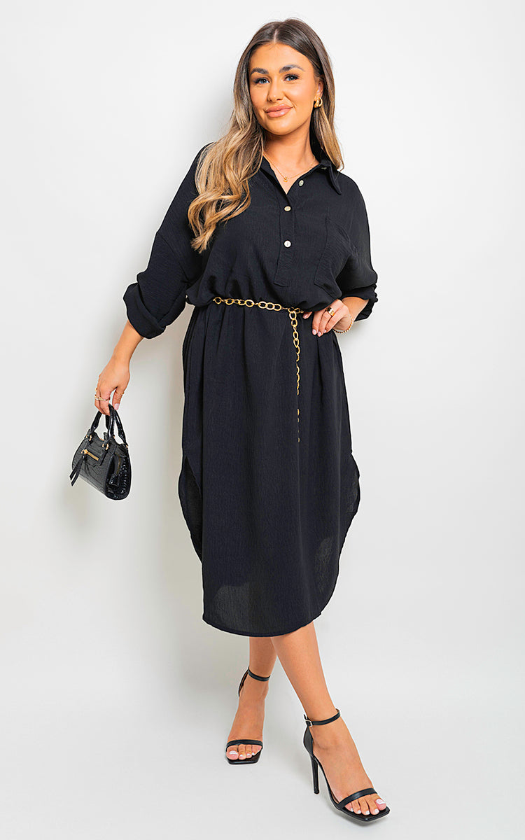 Button Down Pull Up Sleeve Midi Dress with Front Pocket