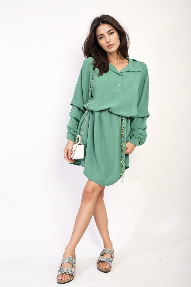 Ruffle Sleeve Pocket Button Front Blouse Dress