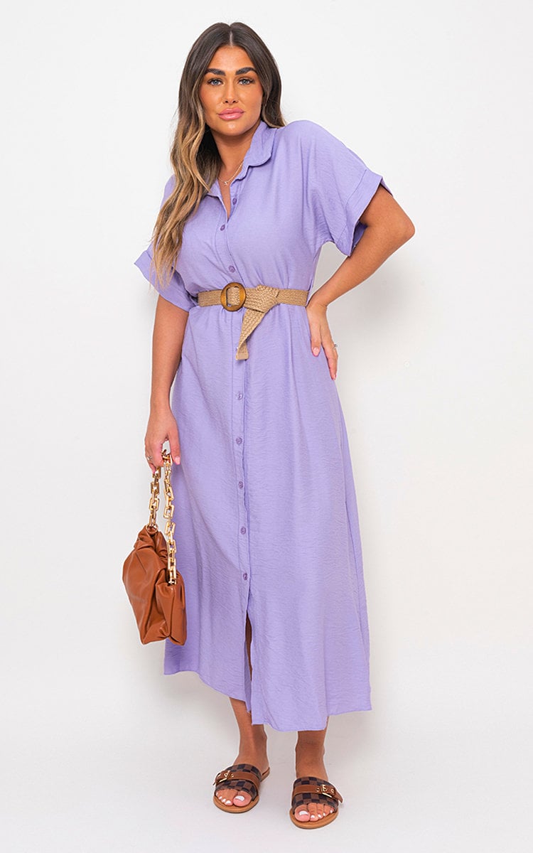 Button Down Collared Short Sleeve Midi Dress with Belt Detail