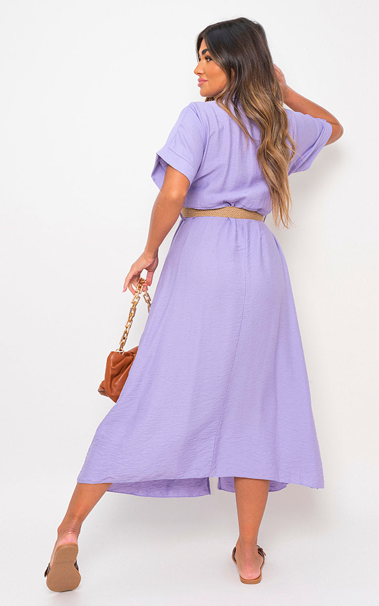 Button Down Collared Short Sleeve Midi Dress with Belt Detail