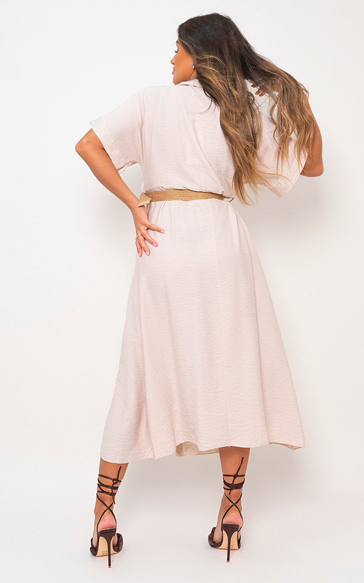 Button Down Collared Short Sleeve Midi Dress with Belt Detail