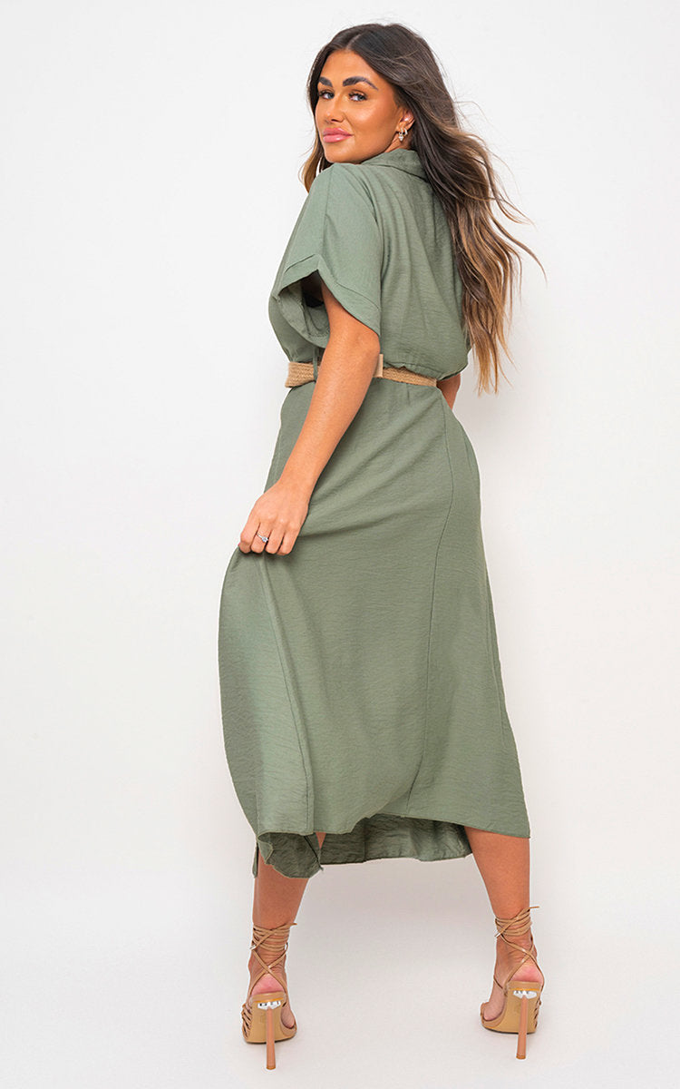 Button Down Collared Short Sleeve Midi Dress with Belt Detail