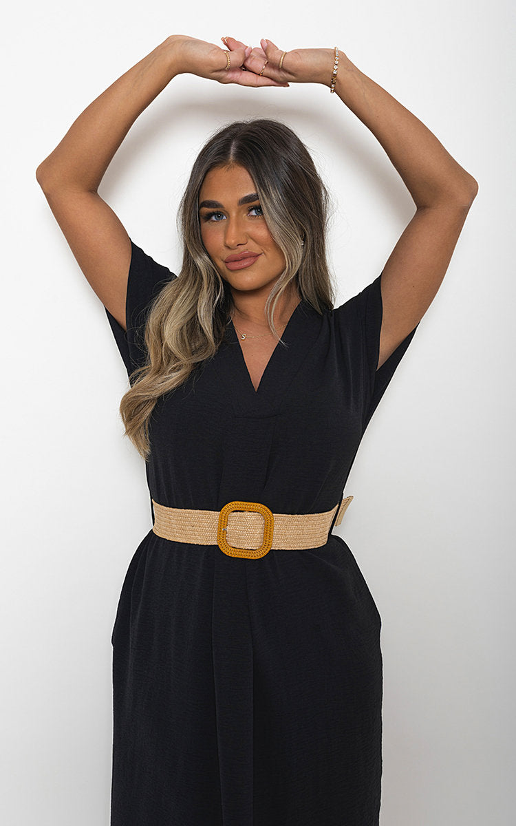 Rolled Short Sleeve V Neck Midi Dress with Belt Detail